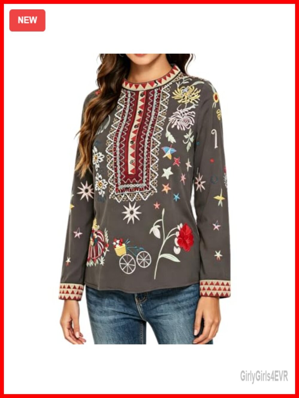 Mexican Embroidered Tunic Top Peasant Blouse 3/4 Sleeve V Neck Boho
